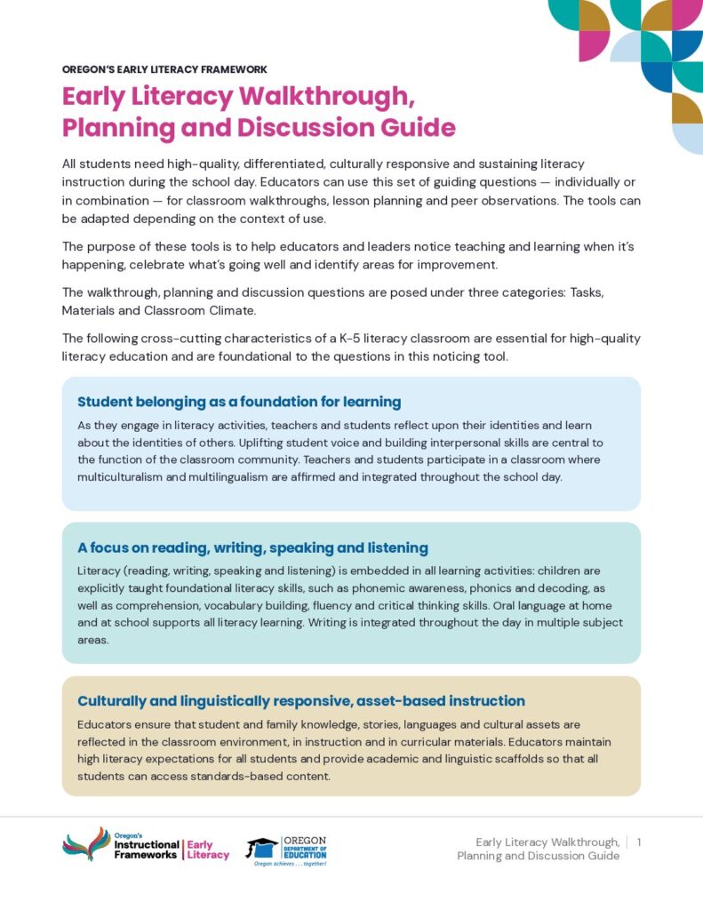 Early Literacy Walkthrough, Planning and Discussion Guide