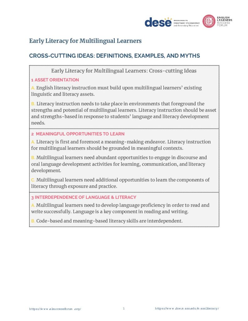 Early Literacy for Multilingual Learners: Cross-Cutting Ideas: Definitions, Examples, and Myths