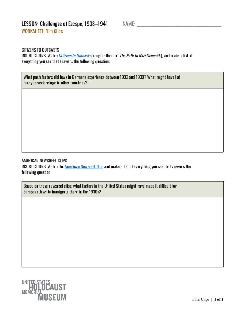 Challenges of Escape, 1938-1941 Worksheet Packet