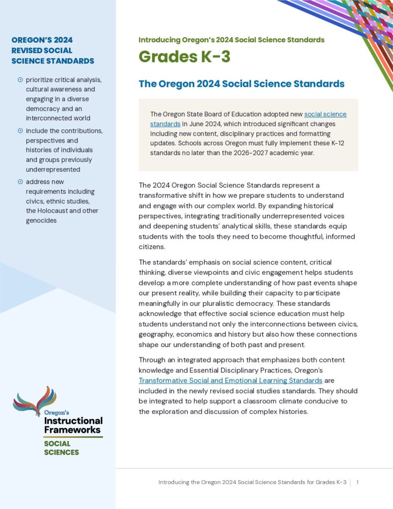 Introducing Oregon’s 2024 Social Science Standards: Grades K-3 Information Sheet