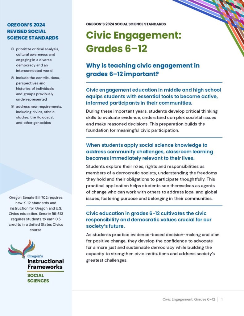 Oregon’s 2024 Social Science Standards: Civic Engagement — Grades 6-12 Spotlight