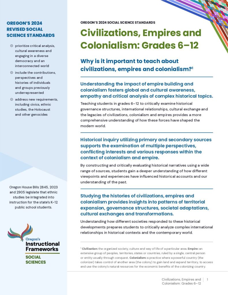 Oregon’s 2024 Social Science Standards: Civilizations, Empires and Colonialism — Grades 6-12 Spotlight