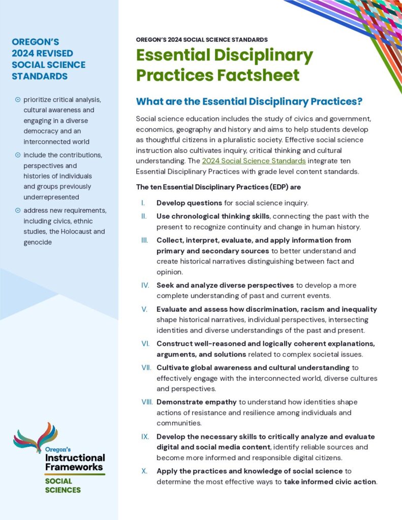 Oregon’s 2024 Social Science Standards: Essential Disciplinary Practices Factsheet
