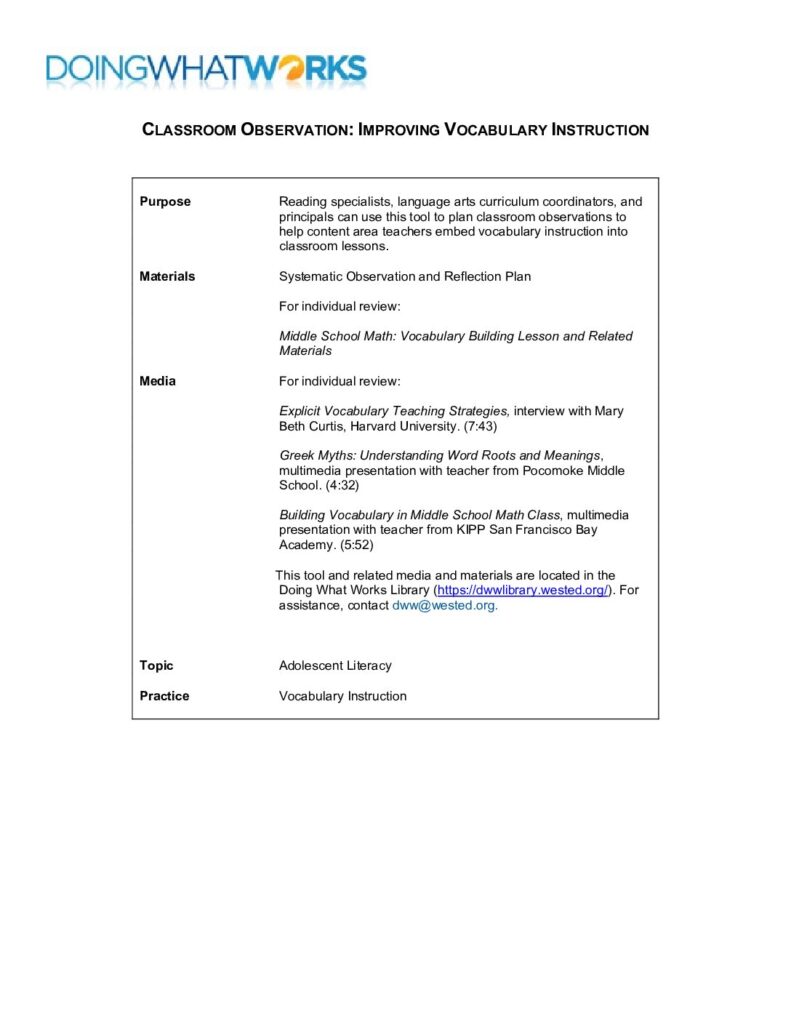 Classroom Observation: Improving Vocabulary Instruction