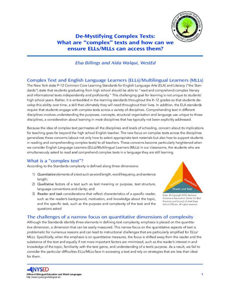 De-Mystifying Complex Texts: What are “Complex” Texts and How Can We Ensure ELLs/MLLs Can Access Them?