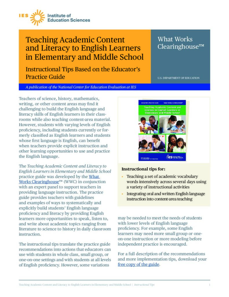 Instructional Tips Based on the Teaching Academic Content and Literacy to English Learners in Elementary and Middle School