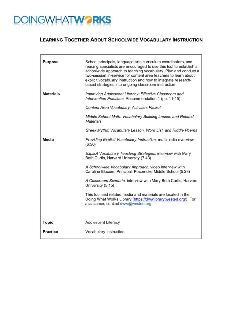 Learning Together About Schoolwide Vocabulary Instruction