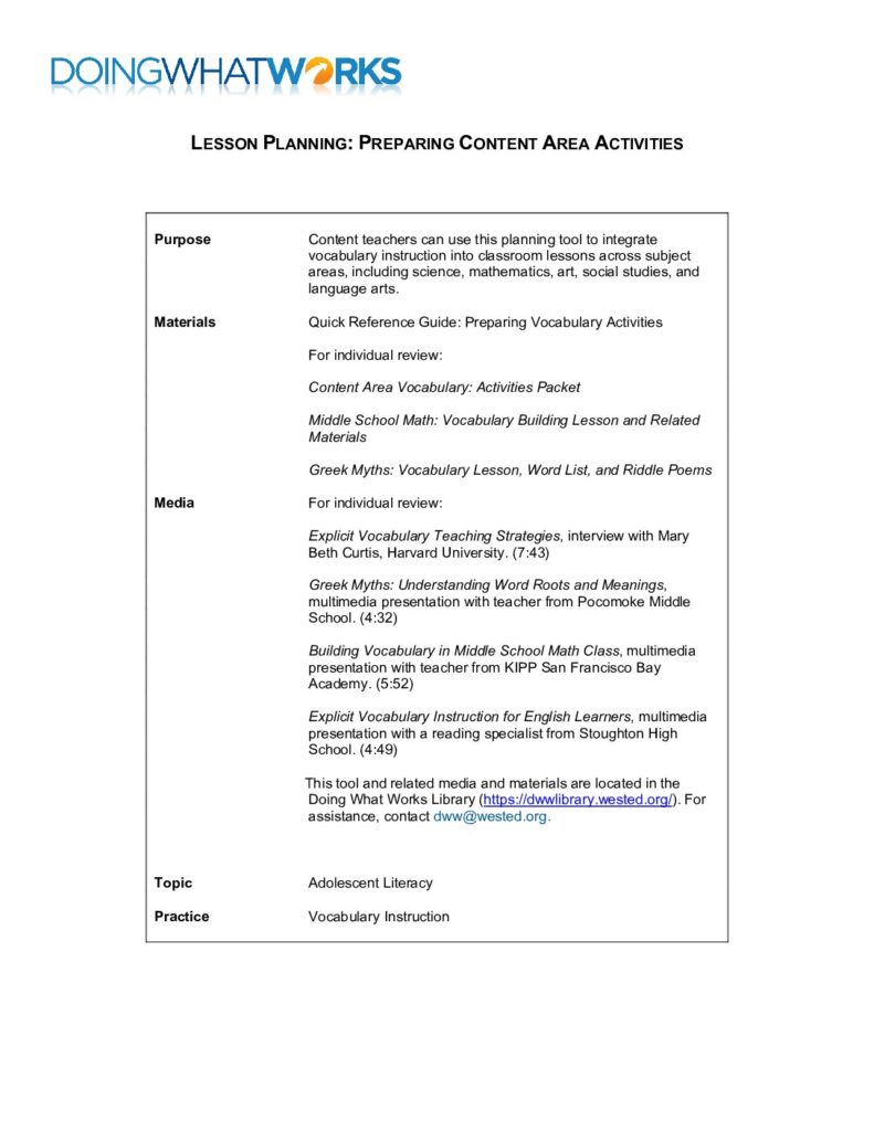 Lesson Planning: Preparing Content Area Activities