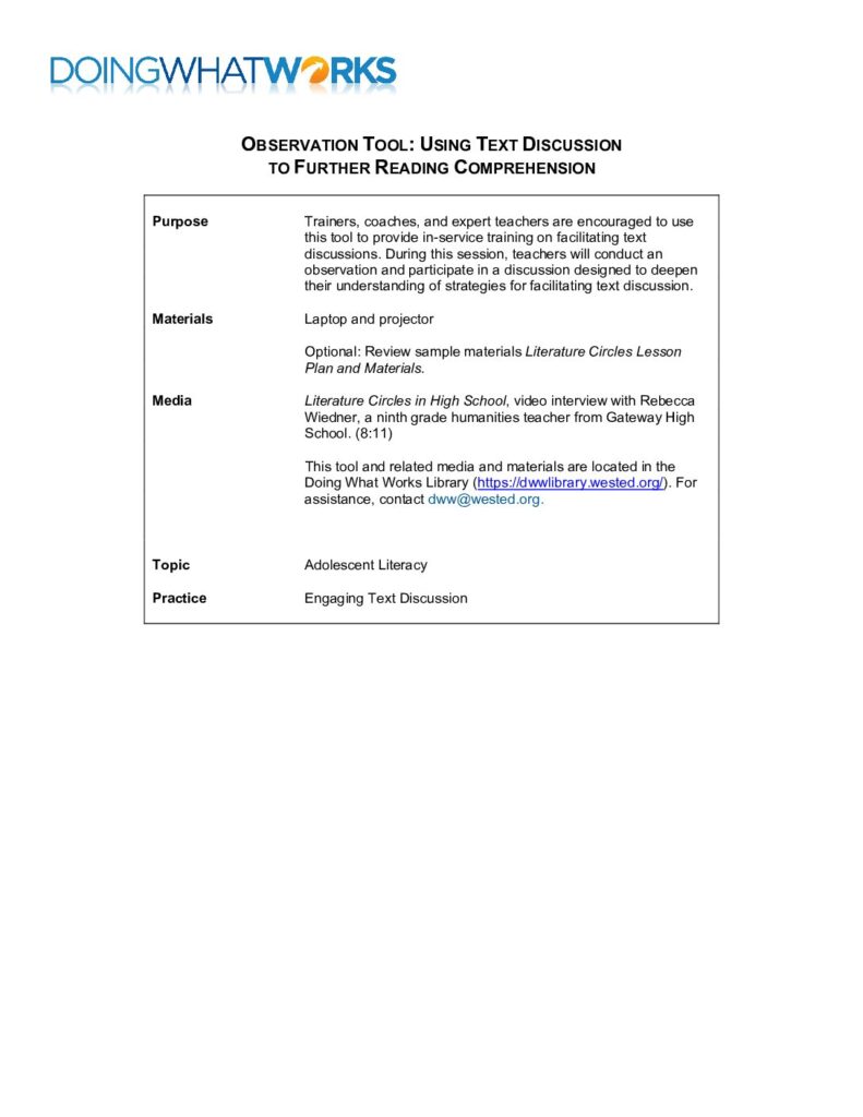 Observation Tool: Using Text Discussion to Further Reading Comprehension