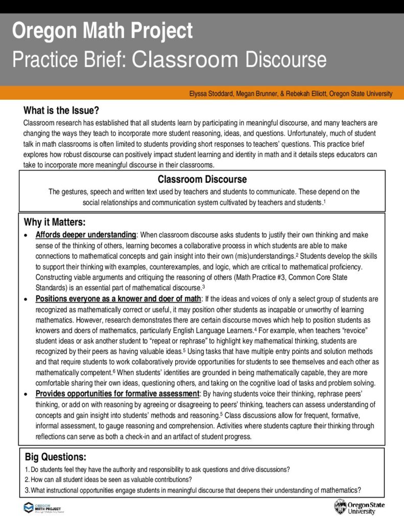 Oregon Math Project Practice Brief: Classroom Discourse