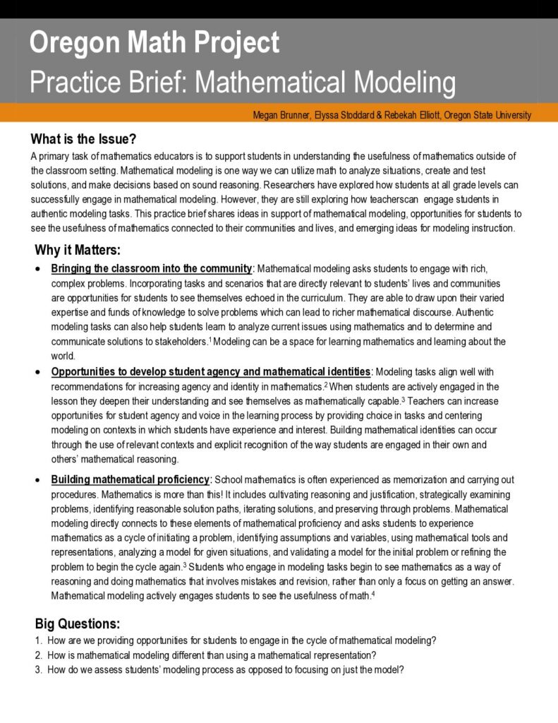 Oregon Math Project Practice Brief: Mathematical Modeling