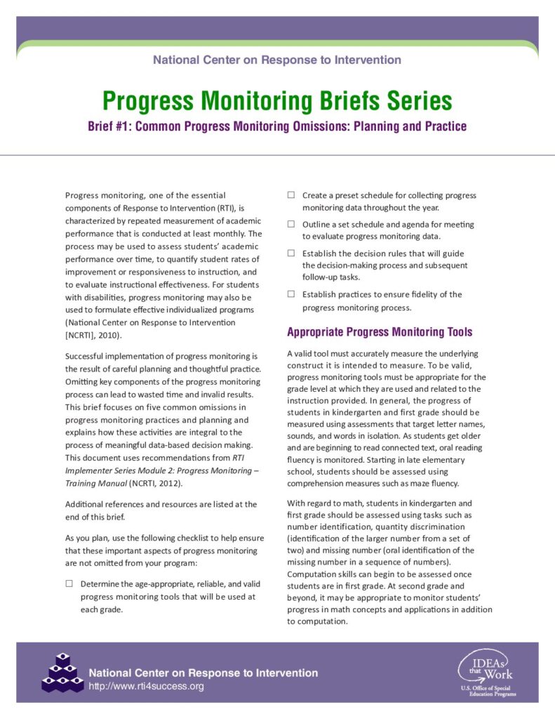Progress Monitoring Briefs Series Brief #1: Common Progress Monitoring Omissions: Planning and Practice