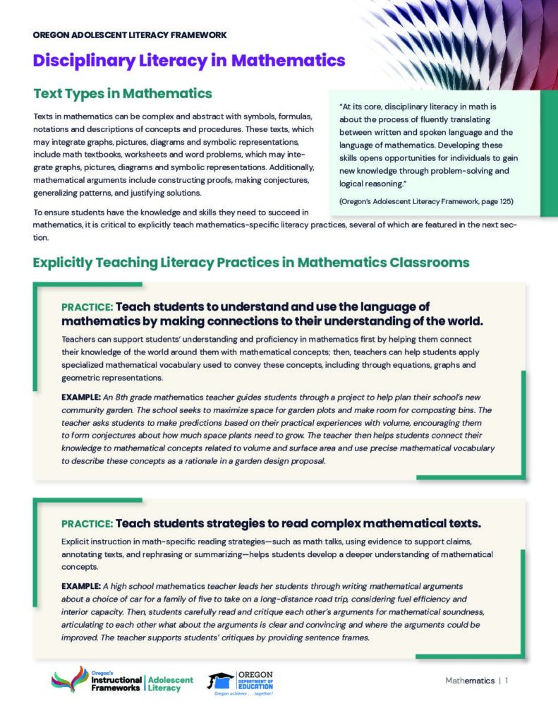 Spotlight: Disciplinary Literacy in Mathematics