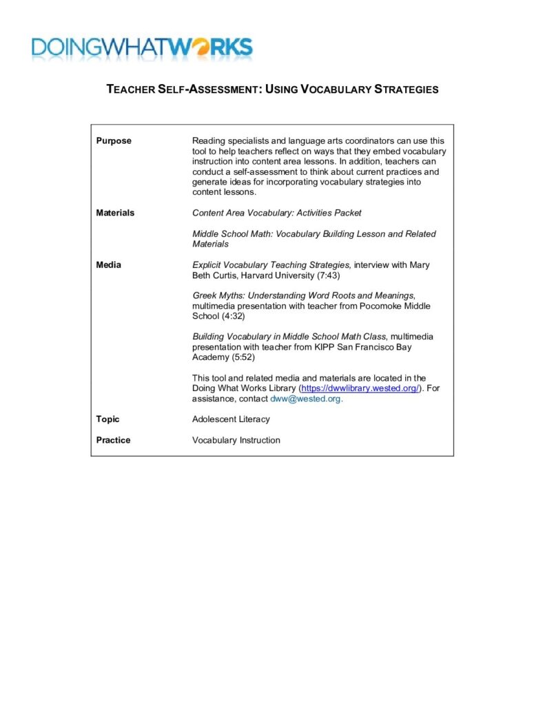 Teacher Self-Assessment: Using Vocabulary Strategies